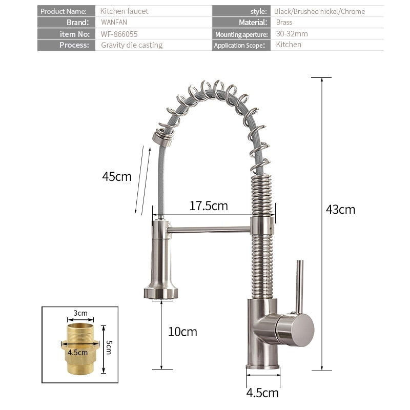 Kitchen Faucets Brush Brass Faucets for Kitchen Sink  Single Lever Pull Out Spring Spout Mixers Tap Hot Cold Water Crane 866053R
