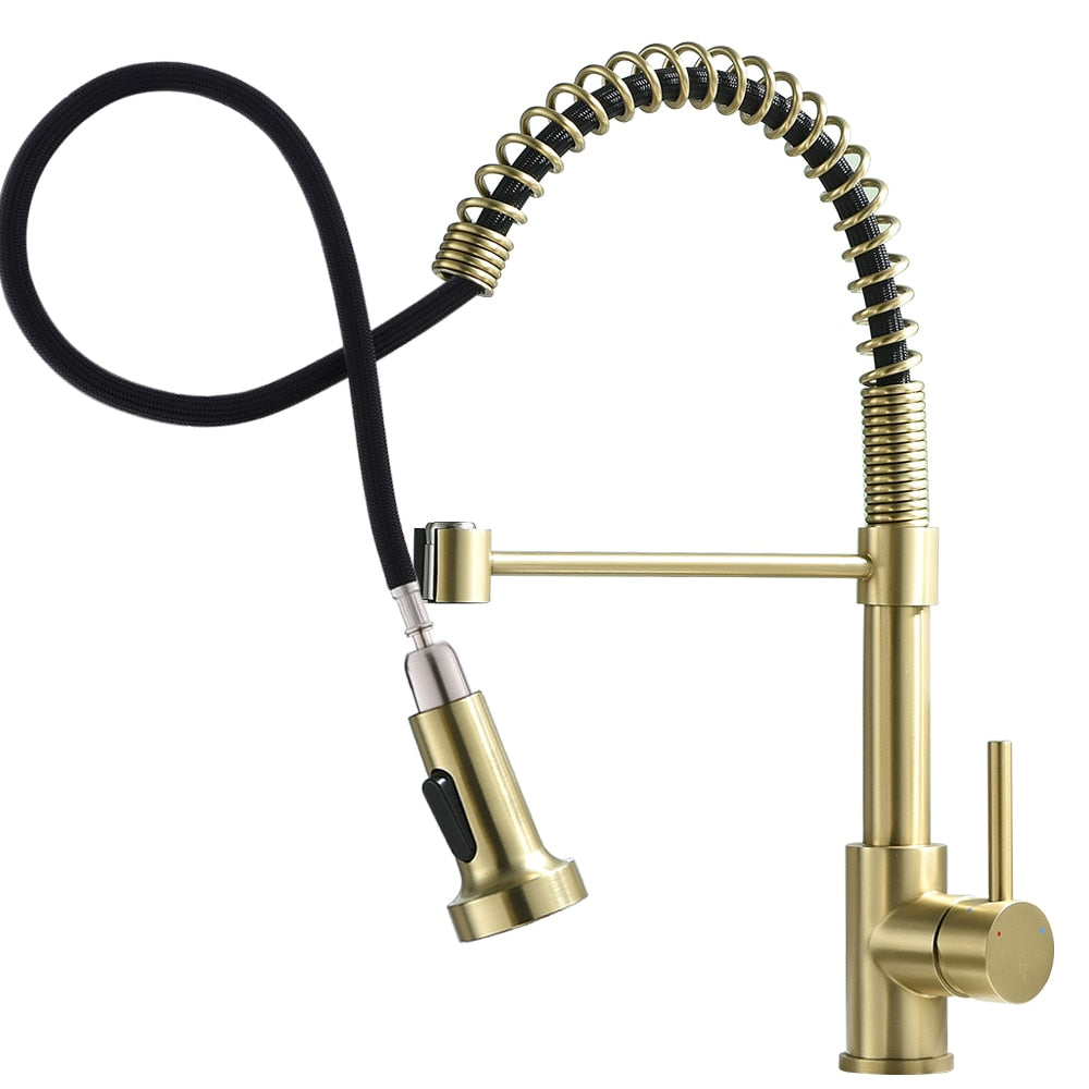 Kitchen Faucets Brush Brass Faucets for Kitchen Sink  Single Lever Pull Out Spring Spout Mixers Tap Hot Cold Water Crane 866053R